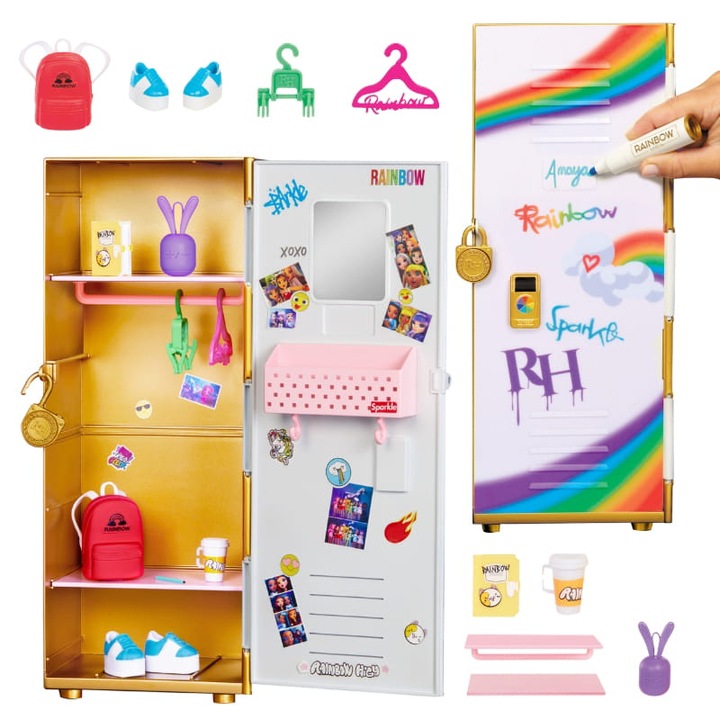 Комплект кукли, Rainbow High, шкафче за училище, просторен гардероб, включени аксесоари, развитие на творческа игра