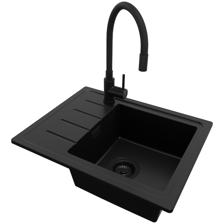 Chiuveta de bucatarie din granit 55x44cm, Chiuveta 1 Cuva + Sifon + Baterie 5170, Pentru dulap de 45cm, Copenhaga Easy Primagran Complet Negru