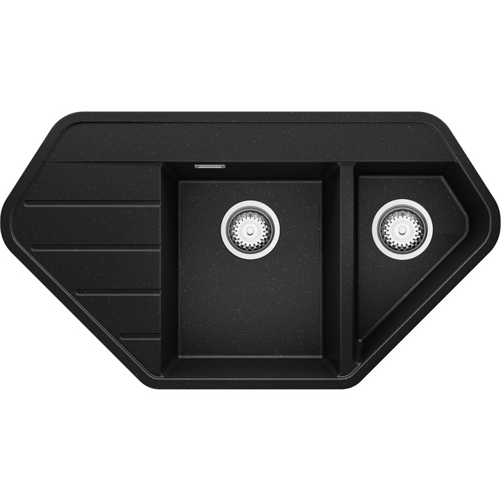 Chiuveta de colt din granit 90x50cm, Chiuveta 1,5 Cuve + Sifon, Pentru dulap de 80cm, Copenhaga Colt Primagran Negru Metalizat