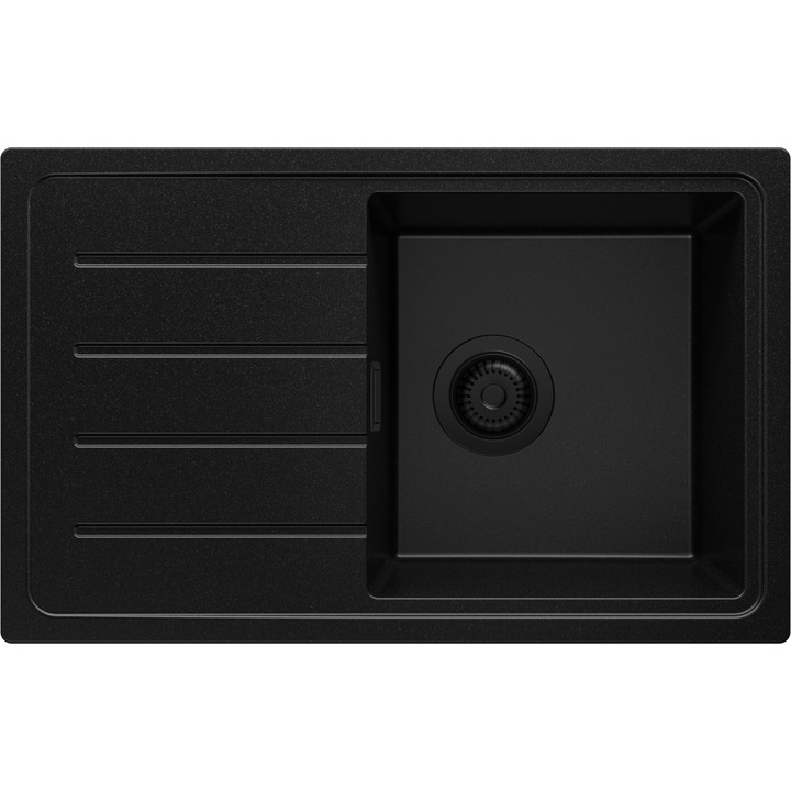 Chiuveta de bucatarie din granit 70x44cm, Chiuveta 1 Cuva + Sifon, Pentru dulap de 45cm, Copenhaga Easy Primagran Complet Negru