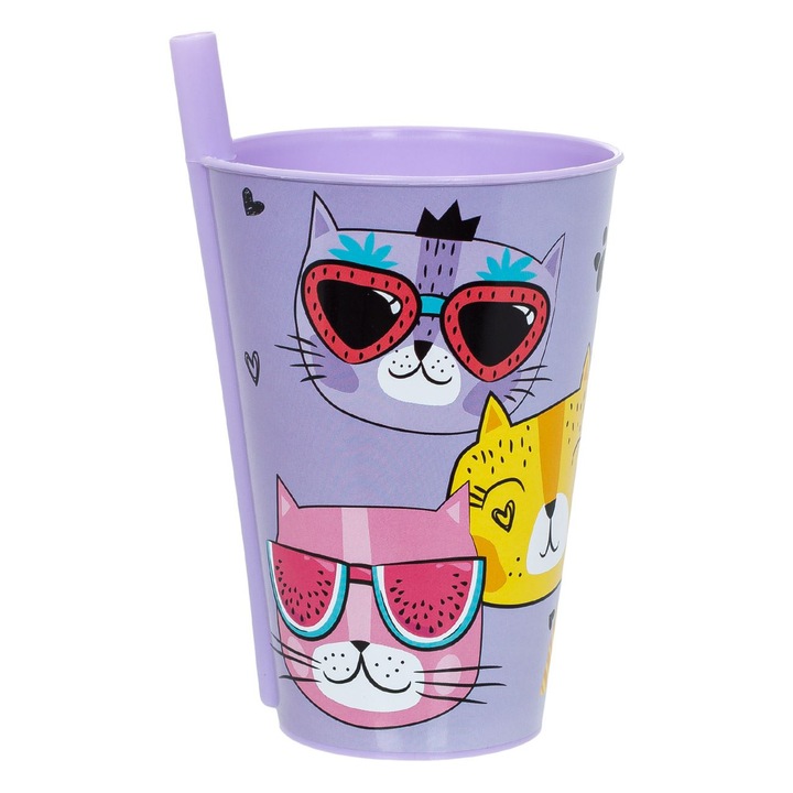 Pahar Plastic, Pisici, Pai Incorporat, Lila, Capacitate 0, 4L