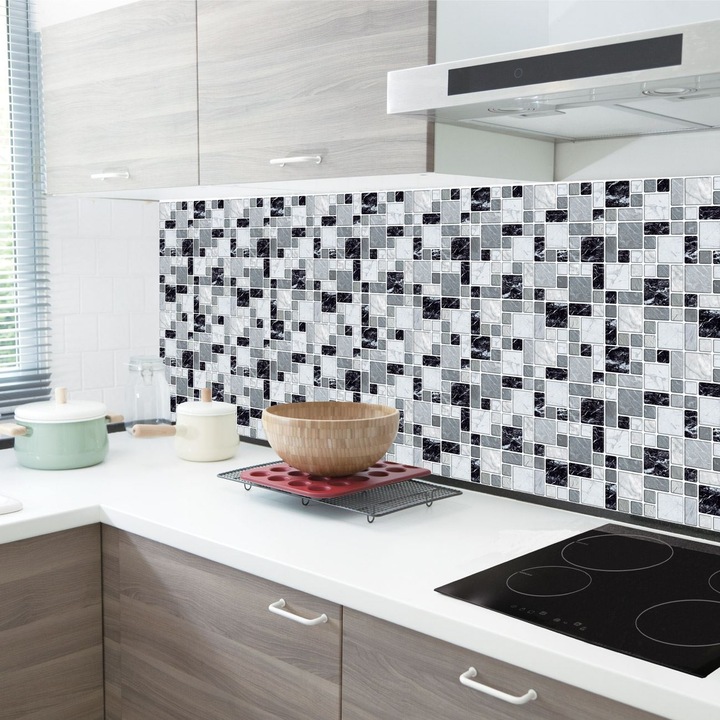 Autocolant pentru Gresie cu Efect de Marmura Gri Alb Negru 26x26cm