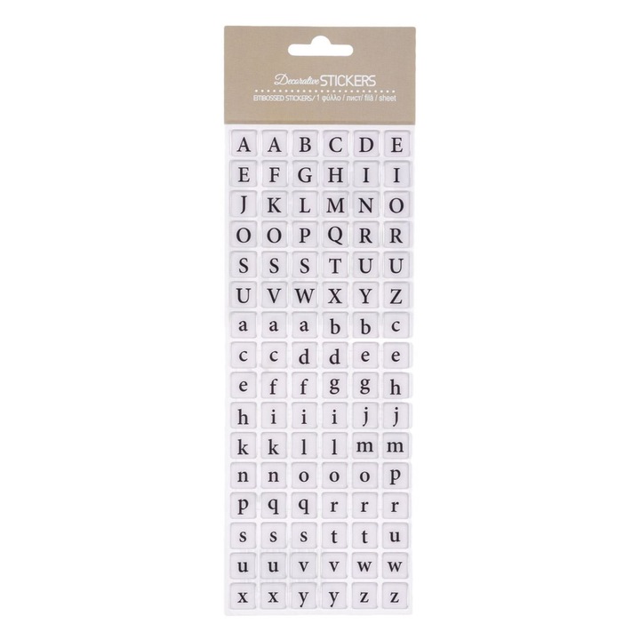 Autocolante Decorativ Stickers, 96 Bucati, Litere Majuscule si Minuscule, Alb, Dimensiuni 1.5x1.5cm