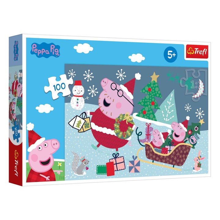 Коледен пъзел Peppa Pig със семейството в шейна (100 части) - Trefl
