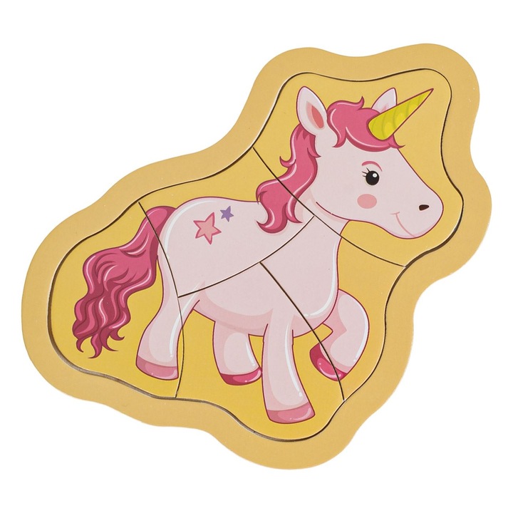 Puzzle copii, forma unicorn, lemn, 5 piese, 15x12cm