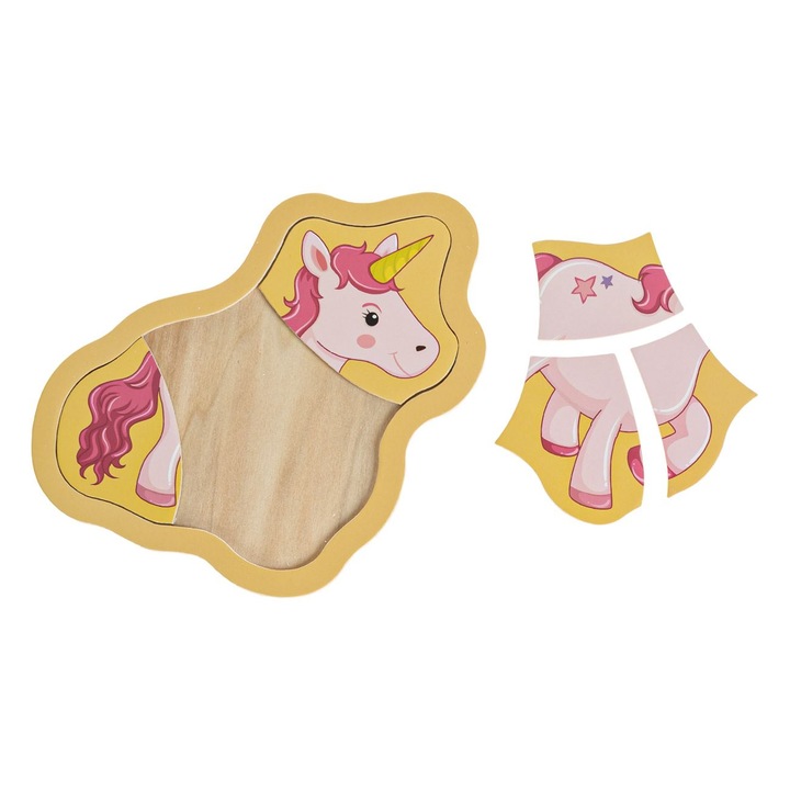 Puzzle copii, forma unicorn, lemn, 5 piese, 15x12cm