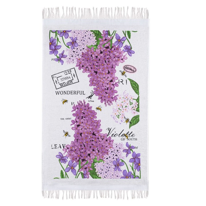 Памучна кухненска кърпа, мотив на лилия, 60x35 см, бяло-лилаво