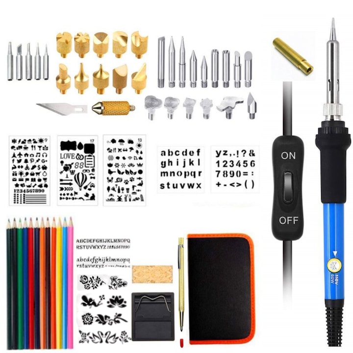 Инструмент за запояване и пирография KINX®, запояване, гравиране върху дърво, кожа и ремонт на електроника, 71 части, включва сменяеми накрайници, шаблони, 60 W с регулируема температура 200~450 °C, син