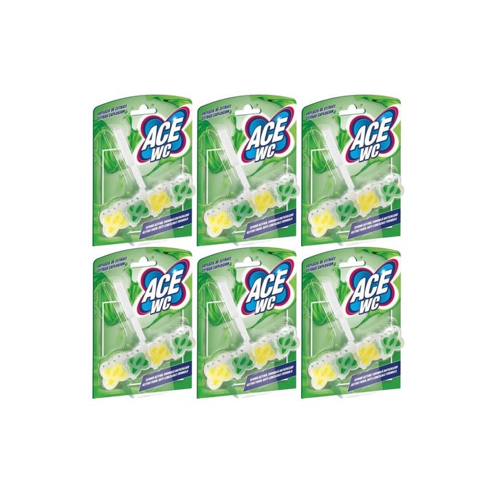 6x Ace Toilet légfrissítő készlet 48g Citrom, friss illatú, virágos illatú, vízkőoldó, gyors és hatékony, bőrgyógyászatilag tesztelt, hosszantartó frissesség, maximális hatékonyság, bőséges tartalom, megszünteti a kellemetlen szagokat