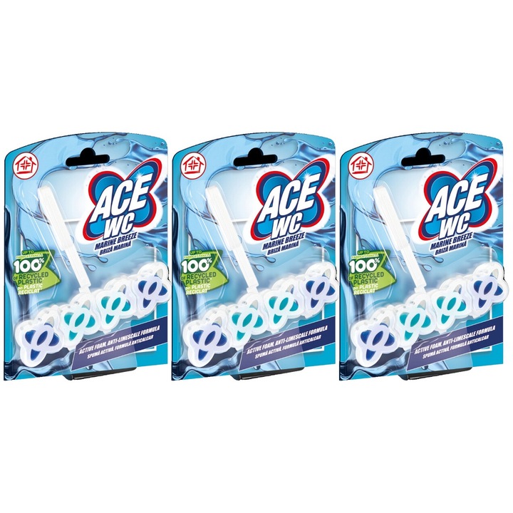 3x Ace Toilet légfrissítő készlet 48g Marine Breeze, friss illatú, virágos illatú, vízkő elpusztító, gyors és hatékony, bőrgyógyászatilag tesztelt, hosszan tartó frissesség, maximális hatékonyság, bőséges tartalom, megszünteti a kellemetlen szagokat