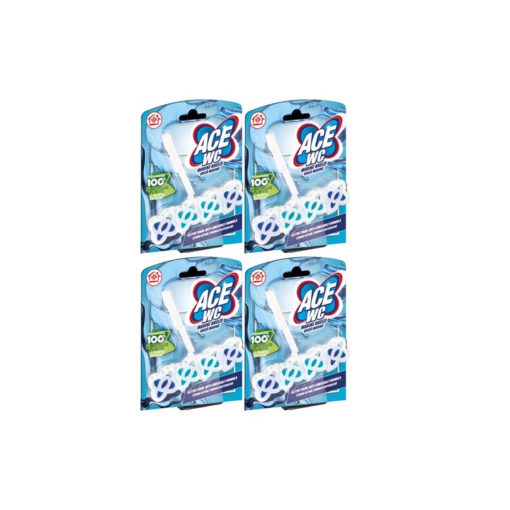 4x Ace Toilet légfrissítő készlet 48g Marine Breeze, friss illatú, virágos illatú, vízkőoldó, gyors és hatékony, bőrgyógyászatilag tesztelt, hosszantartó frissesség, maximális hatékonyság, bőséges tartalom, megszünteti a kellemetlen szagokat