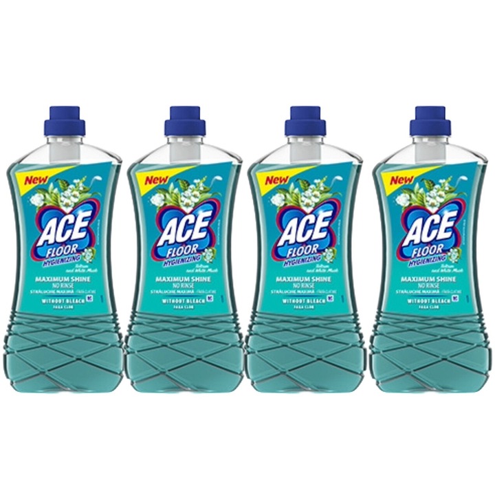 Set 4x Ace Solutie Pardoseli 1l Talc Mosc Alb, fresh aroma, parfum floral, distruge calcarul, rapid si eficient, testat dermatologic, prospetime de lunga durata, eficacitate maxima, continut generos, elimina mirosuri neplacute