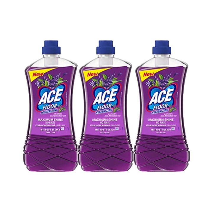 3x Ace Floor Solution készlet 1l Levendula, friss illatú, virágos illatú, vízkőoldó, gyors és hatékony, bőrgyógyászatilag tesztelt, hosszantartó frissesség, maximális hatékonyság, bőséges tartalom, megszünteti a kellemetlen szagokat