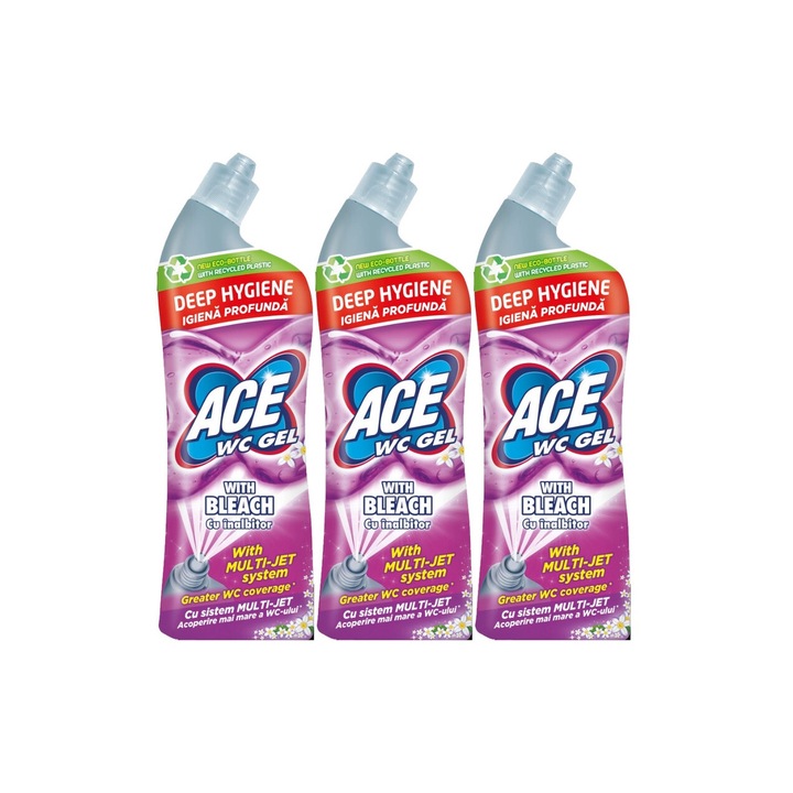 3x Ace Wc Gel Hypo 700ml készlet, friss illatú, virágos illatú, vízkő elpusztító, gyors és hatékony, bőrgyógyászatilag tesztelt, hosszan tartó frissesség, maximális hatékonyság, bőséges tartalom, megszünteti a kellemetlen szagokat