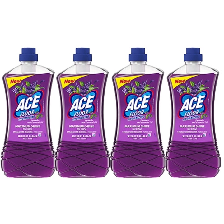 Set 4x Ace Solutie Pardoseli 1l Lavanda, fresh aroma, parfum floral, distruge calcarul, rapid si eficient, testat dermatologic, prospetime de lunga durata, eficacitate maxima, continut generos, elimina mirosuri neplacute