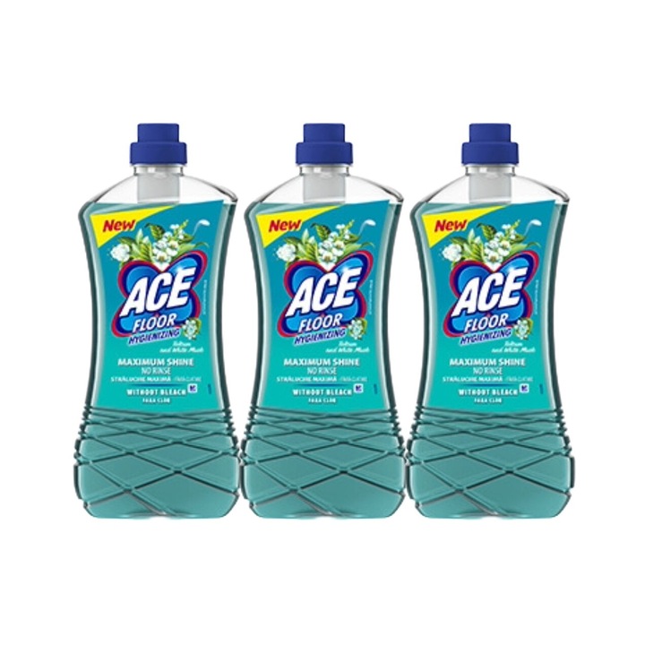 3x Ace Floor Solution készlet, 1l White Musk Talc, friss illatú, virágos illatú, vízkő elpusztító, gyors és hatékony, bőrgyógyászatilag tesztelt, hosszantartó frissesség, maximális hatékonyság, bőséges tartalom, megszünteti a kellemetlen szagokat
