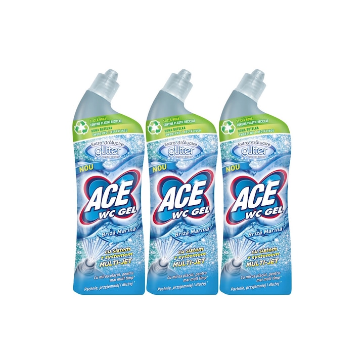 3x Ace Wc Gel Glitter 700ml Briza Marina szett, friss illatú, virágos illatú, vízkő elpusztító, gyors és hatékony, bőrgyógyászatilag tesztelt, hosszantartó frissesség, maximális hatékonyság, bőséges tartalom, megszünteti a kellemetlen szagokat