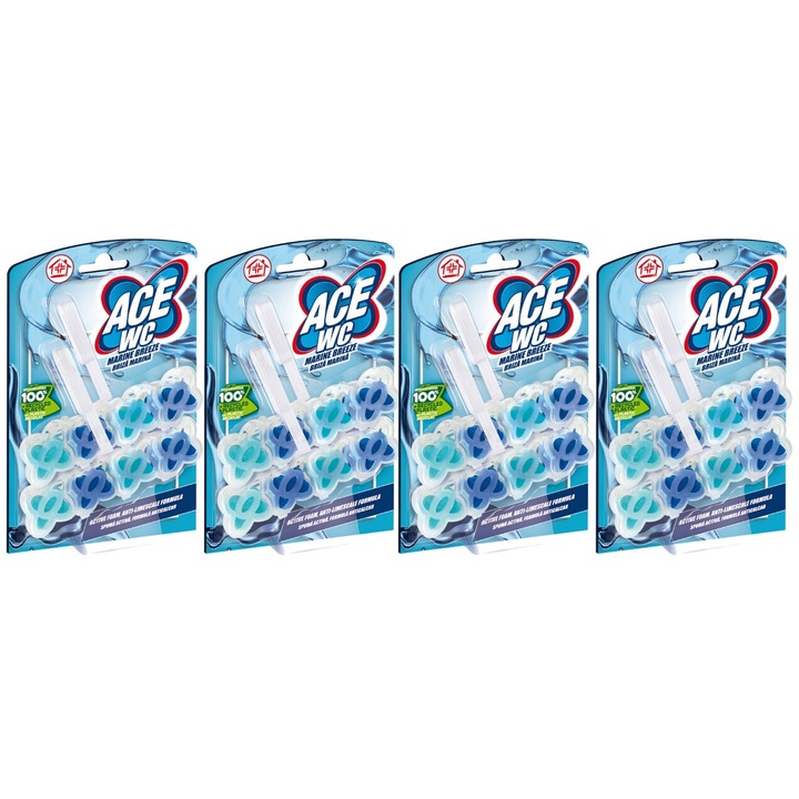 4x Ace Toilet légfrissítő készlet 2x48g Marine Breeze, friss illatú, virágos illatú, vízkőoldó, gyors és hatékony, bőrgyógyászatilag tesztelt, hosszantartó frissesség, maximális hatékonyság, bőséges tartalom, megszünteti a kellemetlen szagokat