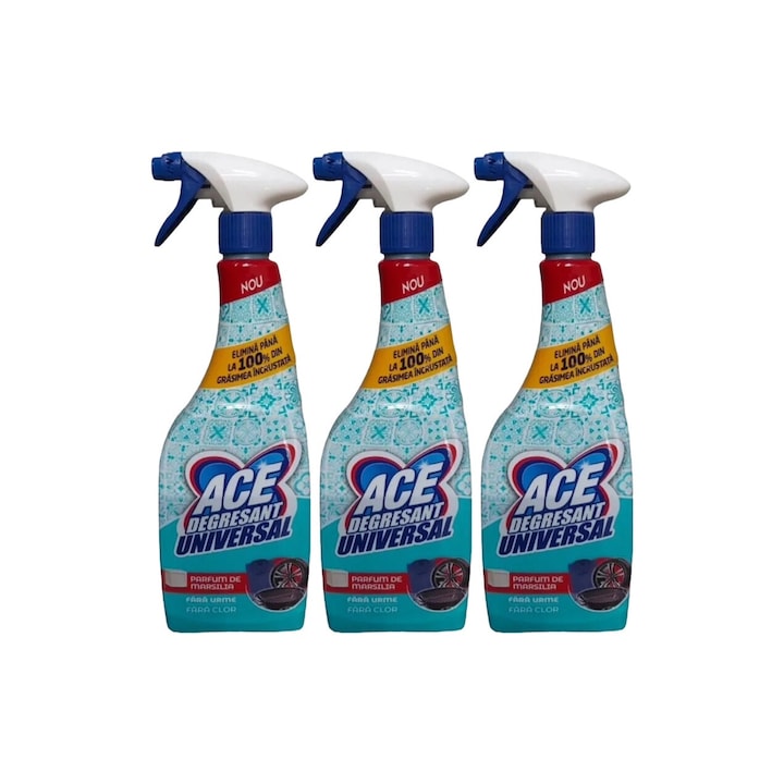 Szett 3x Ace univerzális zsírtalanító spray oldat 550ml Marseille, friss aroma, virágos illat, vízkő elpusztító, gyors és hatékony, bőrgyógyászatilag tesztelt, hosszan tartó frissesség, maximális hatékonyság, bőséges tartalom