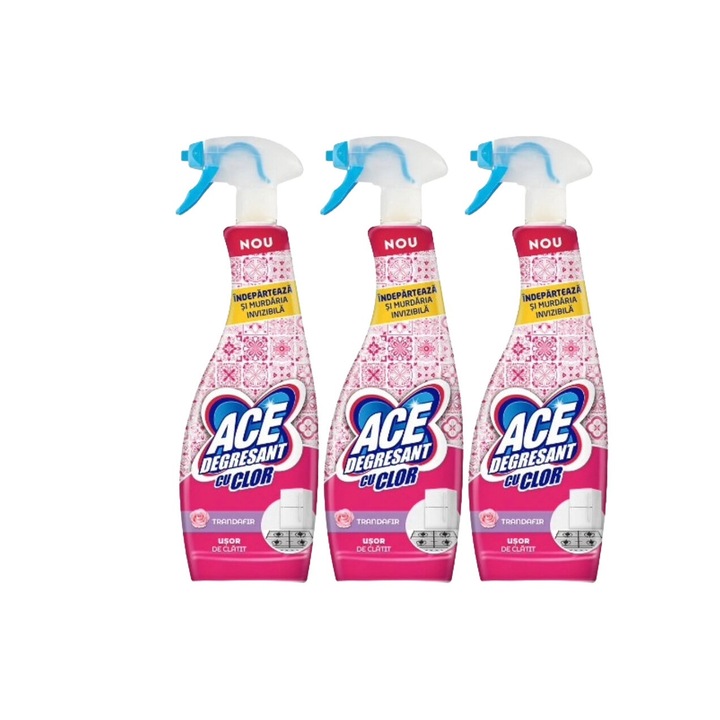 Szett 3x Ace Kitchen zsíroldó spray oldat klórral 650 ml rózsa, friss illatú, virágos illatú, vízkő elpusztító, gyors és hatékony, bőrgyógyászatilag tesztelt, hosszan tartó frissesség, maximális hatékonyság, bőséges tartalom