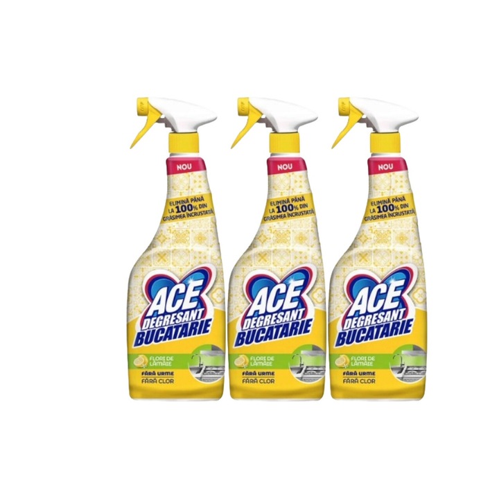 Szett 3x Ace Kitchen Degreaser Spray Solution 650ml Citrom, friss illatú, virágos illatú, vízkőoldó, gyors és hatékony, bőrgyógyászatilag tesztelt, hosszan tartó frissesség, maximális hatékonyság, bőséges tartalom, megszünteti a kellemetlen szagokat