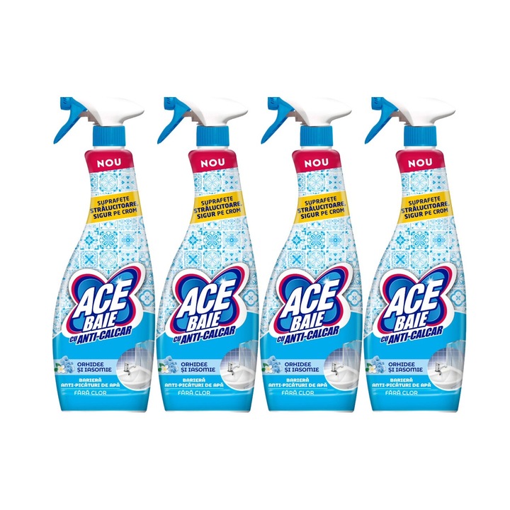 Set 4x Ace Solutie Spray Baie Fara Clor 650ml Orhidee Si Iasomie, fresh aroma, parfum floral, distruge calcarul, rapid si eficient, testat dermatologic, prospetime de lunga durata, eficacitate maxima, continut generos, elimina mirosuri neplacute