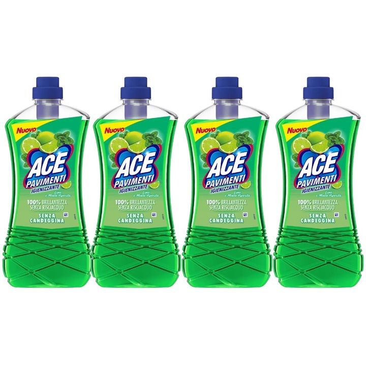 Set 4x Ace Solutie Pardoseli Fara Clor 1l Lime Menta, fresh aroma, parfum floral, distruge calcarul, rapid si eficient, testat dermatologic, prospetime de lunga durata, eficacitate maxima, continut generos, elimina mirosuri neplacute