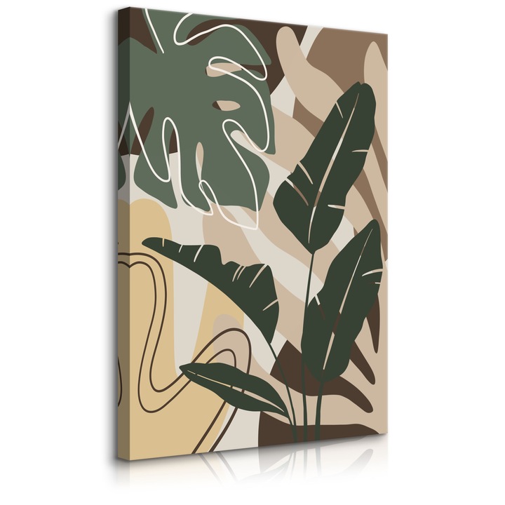 Tablou Muralo Monstera exotica verde si frunze de banana 40 cm x 50 cm Abstractie de perete 3D pentru camera de zi