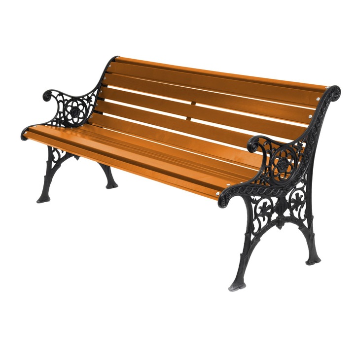 Banca de gradina Baster, lemn/metal, capacitate 250 kg, culoare Teak, model: 0121 dimensiuni 155x74x38 cm