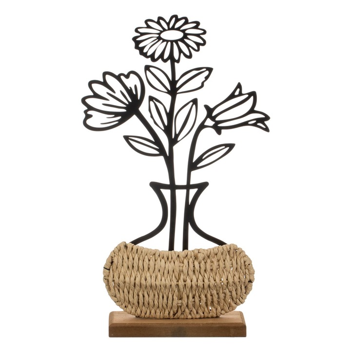Vaza Decorativa, Model Floral Decupat, Baza Paie Naturala, Negru/Bej, 20x35x6cm
