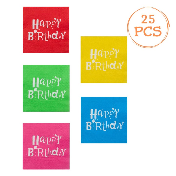 Servetele Masa Petrecere, Multicolor, Happy Birthday, 33x33cm, Set 25 Bucati, 2 Straturi