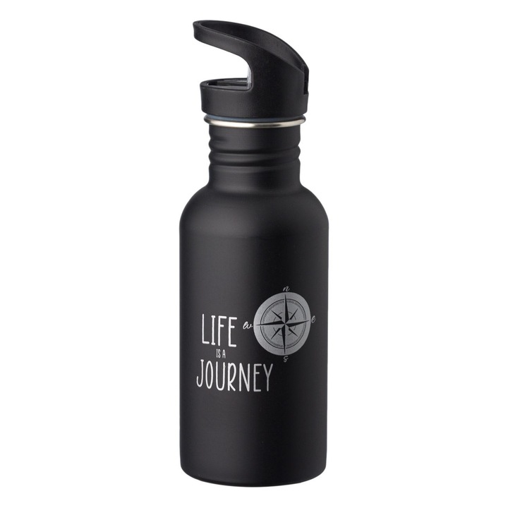 Бутилка за вода от неръждаема стомана, Life is a Journey, матово черно, вместимост 0,5 л