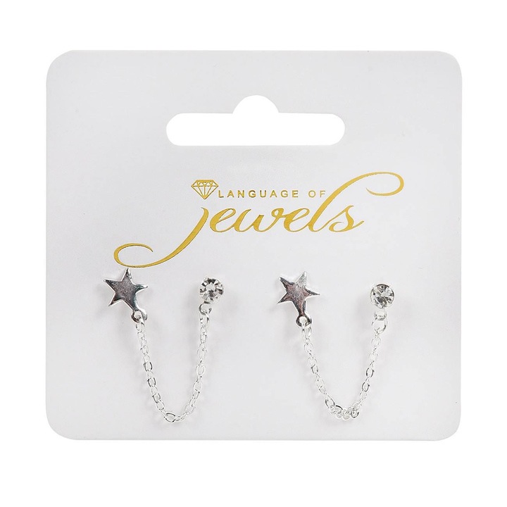 Cercei Language of Jewels, Model Cui, Metal Argintiu, Stea si Strass, 1 Pereche