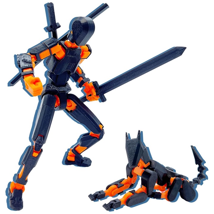 Съчленен робот T13, 14 см, 3D отпечатан, напълно сглобен, OUYLAF, черен/оранжев