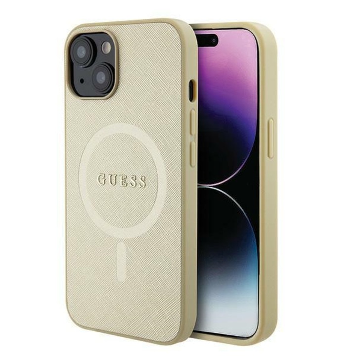 Husa Guess pentru Iphone 15 Plus Auriu Hardcase Saffiano Magsafe