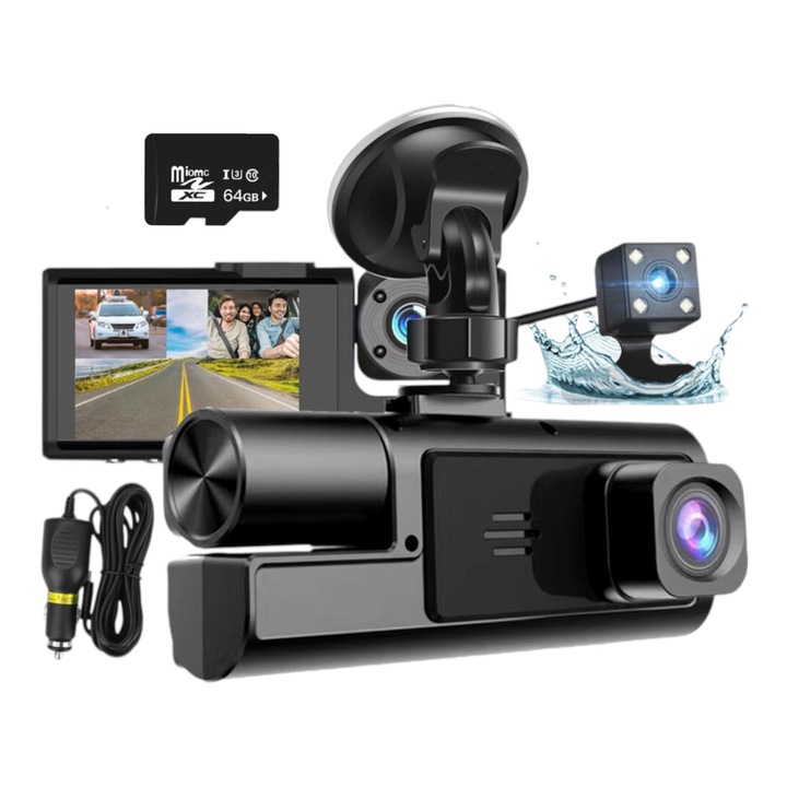 Камера за кола Full HD 1080P, GoSafe, Тройна, WDR, GPS, WIFI, регулируем G-сензор, приложение за телефон, нощно виждане, широкоъгълен 170° отпред, 120° отвътре, 120° отзад, 2-инчов IPS екран, ВКЛЮЧЕНА карта 64 GB, черен