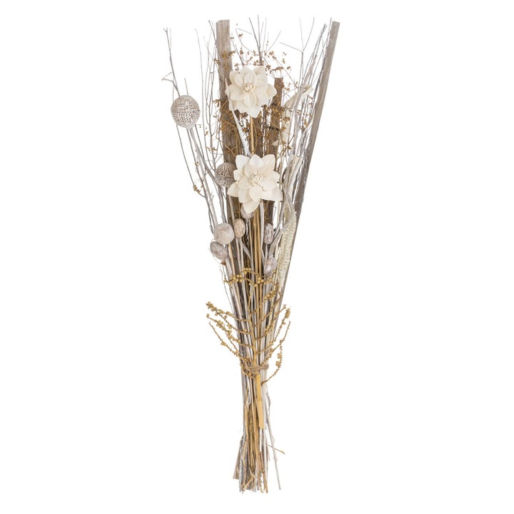 Buchet Decorativ Flori Uscate, Model Bej-Alb, Inaltime 90 cm