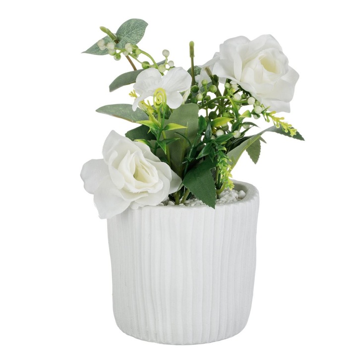Ghiveci Ciment, Trandafiri Artificiali, Diametru 11cm, Inaltime 21cm, Alb