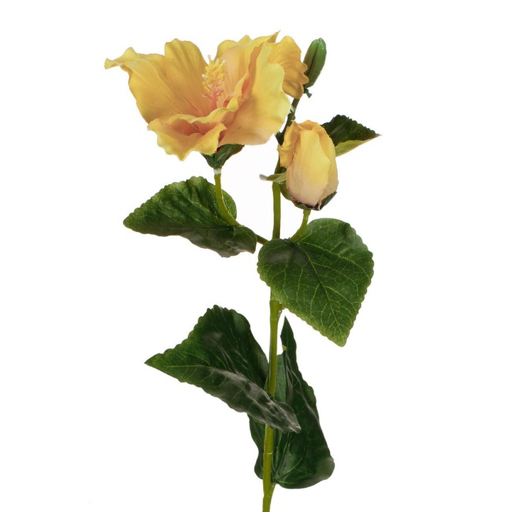 Floare Artificiala Hibiscus, Tulpina Lunga, Culoare Galben, Material Plastic, 60cm