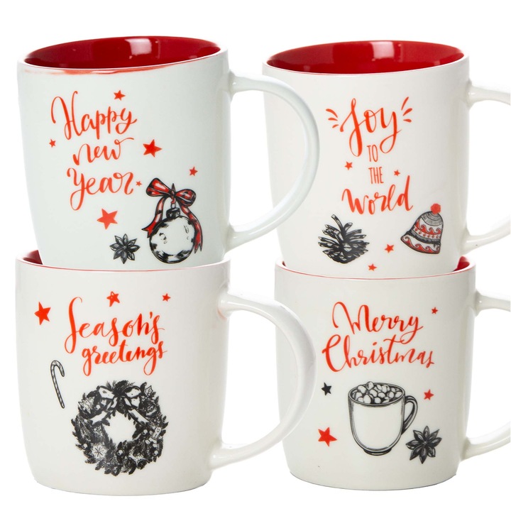 Set De 4 Piese Cana De Craciun, Edanti, 370 Ml, Ceramica, Alb