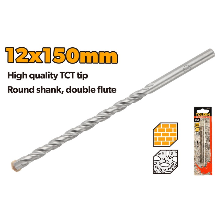 Burghiu beton TOLSEN 12 x 150 mm, varf TCT, otel aliat cromat, coada rotunda, canelura dubla, finisaj sablat, uz profesional