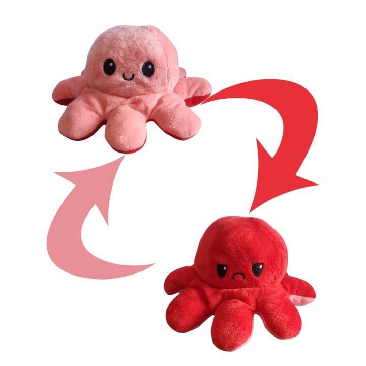 Jucarie Plus Caracatita Reversibila Emotii Dubla-Fata Roz-Rosu Antistres Copii