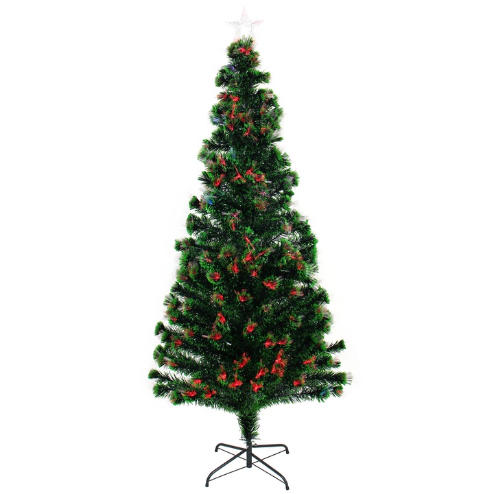 IdealStore mesterséges karácsonyfa optikai szállal, 210 cm magas, 265 RBG LED, széles színválaszték, Star Style felső tartozék, lámpakészlet, tömör fém tartó, zöld szín