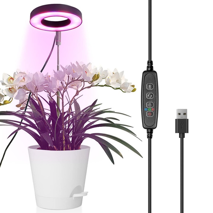 Lampa pentru cresterea plantelor de interior, 48 LED, Spectrum complet, Timer automat, Intensitate lumina reglabila, Picioare flexibile, Rotire 360°, Prindere cu clips, conectare USB, OUYLAF, Negru