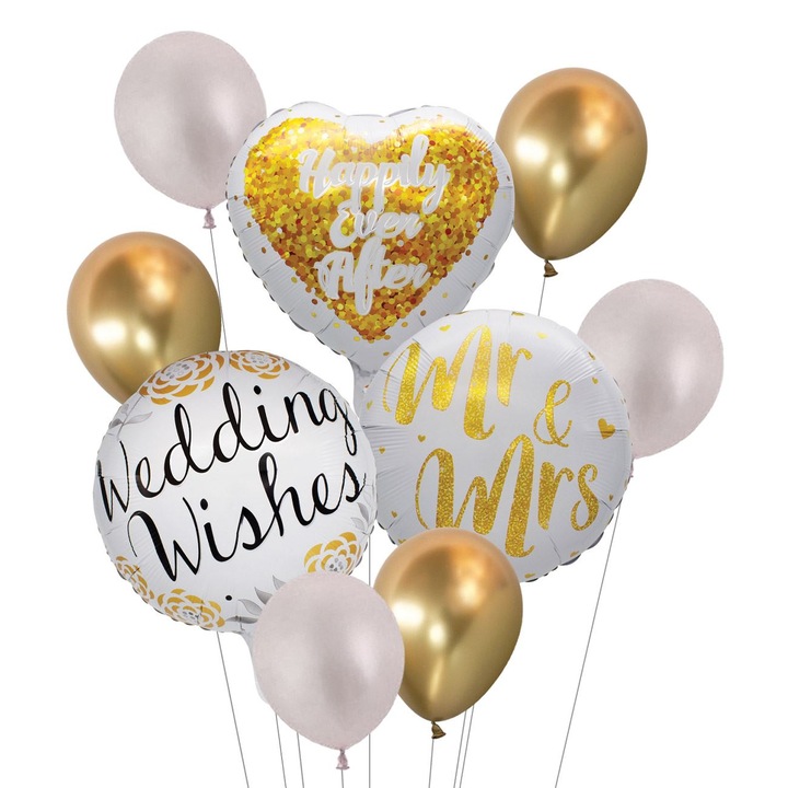 Nászút Lufi Szett, Alumínium Fólia és Latex, Szív és Kerek, Arany, 9 Darab, MYONNA IT & E-COMMERCE ®