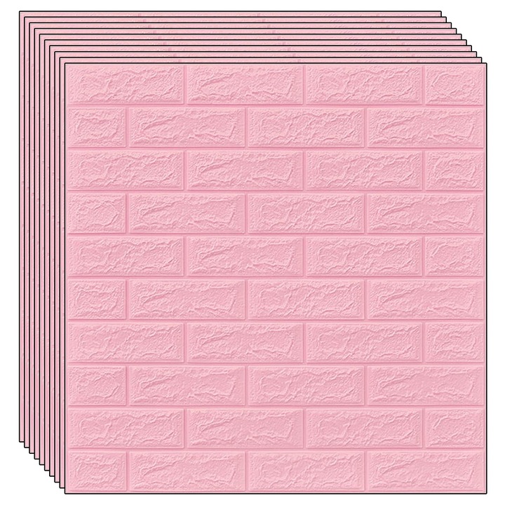 Комплект от 10 самозалепващи се тапети 3D NEXTLY, за таван/стена, тухлен дизайн, водоустойчив, регулируем, силно залепващ, лесен за монтаж, площ на покритие 5.3MP, 70x77 см, розов, код 3