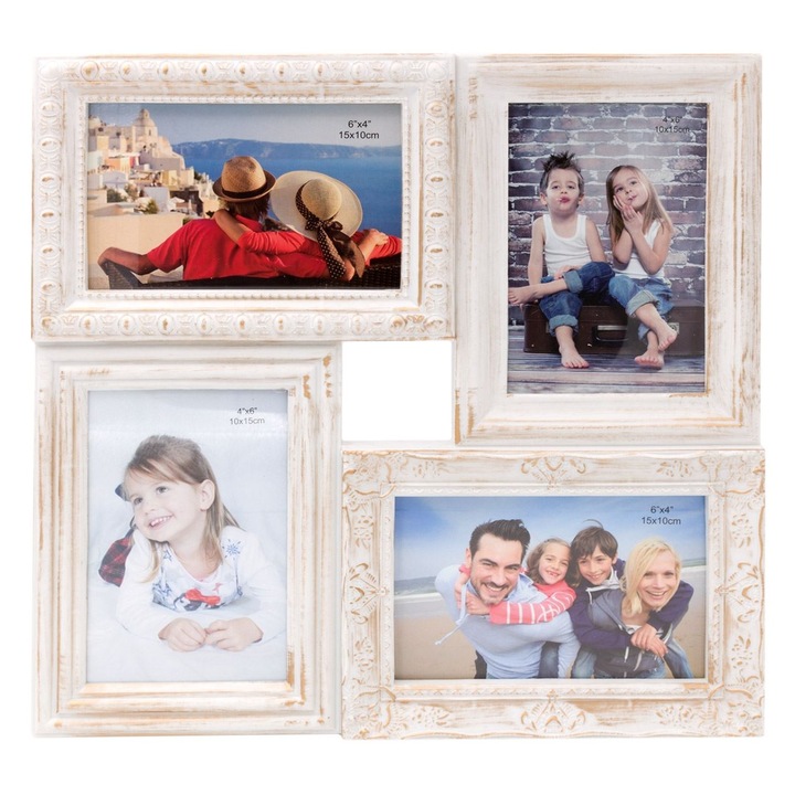 Rama Foto Multiple, 33x33cm, 4 Poze, Alb, Auriu, Sticla