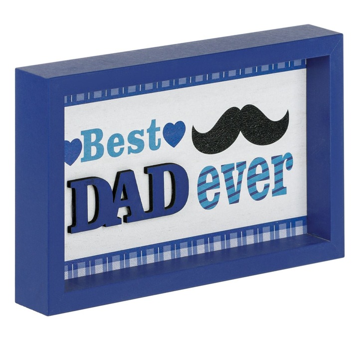 Синя дървена рамка за снимки "Best Dad Ever", сърце, 18x11см