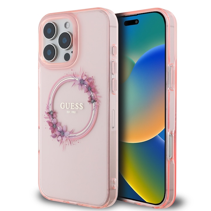 Премиум калъф за iPhone 16 Pro, съвместим с MagSafe Guess Luxury Series - розов