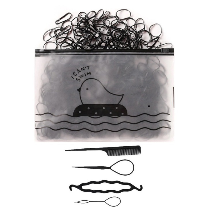 Set elastice de par, Caltucus Core®,500 bucati, negru, accesorii pentru impletit, unelte pentru impletit